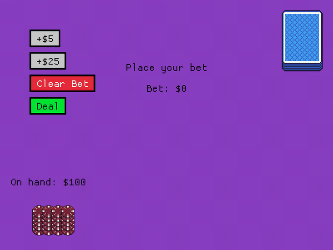 The Blackjack game: a dealt hand with red chips bet on a purple table