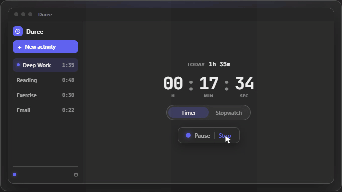 The Duree app window: a running timer with a sidebar of tracked activities